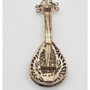 Vintage Antique Sterling Silver Guitar Mandolin PIN Brooch Filigree 1.4in 8g
